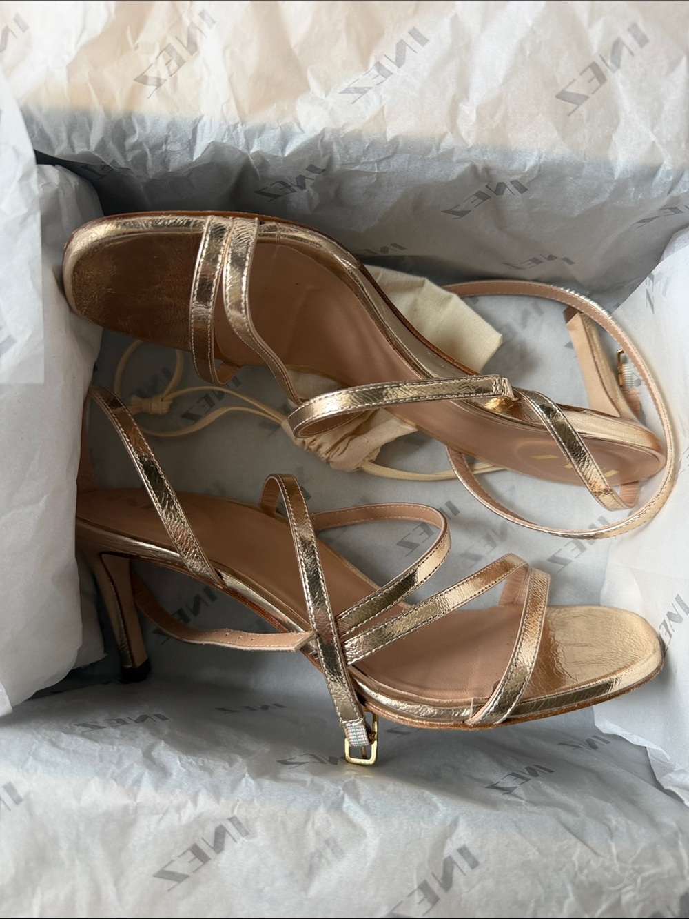INEZ Metallic Gold Strappy Heeled Sandals with Ankle Buckle